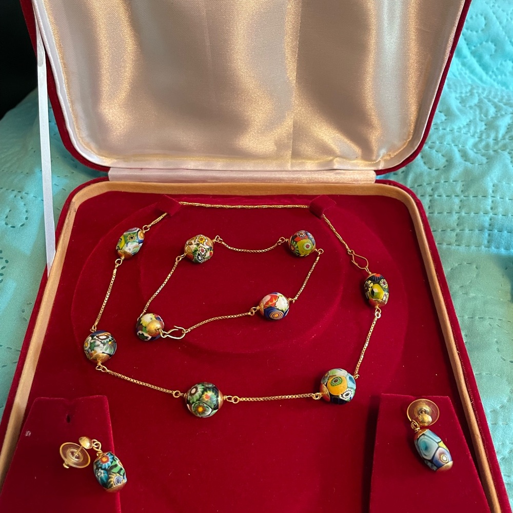 18kt Vintage Italian Cloisonné Choker Necklace Bracelet Earrings complete set
